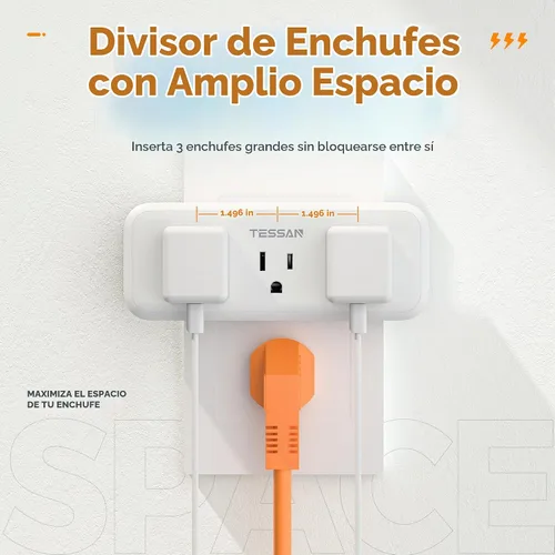 Vista 4 de TESSAN Extensor de enchufe múltiple, protector contra sobretensiones Blanco