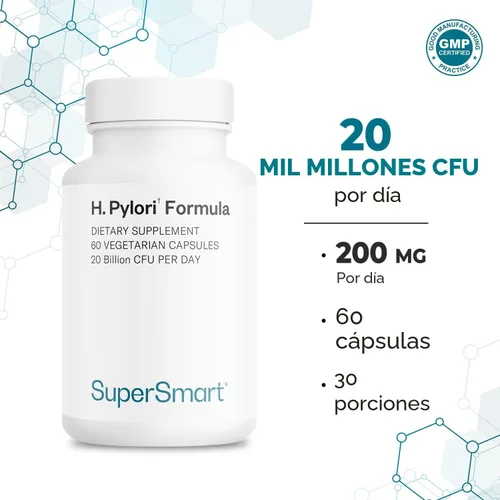 Vista 5 de Supersmart H. Pylori Fórmula 20 mil millones de UFC por día (alta potencia) - Probiota patentado Pylopass Lactobacillus Reuteri DSM 17648 Sin OMG