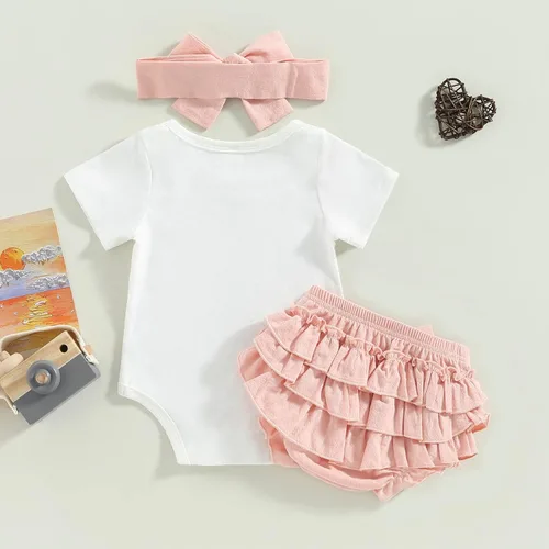 Vista 4 de Ropa para bebé niña Daddys Girls Ruffle Romper Top Manga Corta Body Floral Tutu Shorts Conjunto Recién Nacido Verano Traje