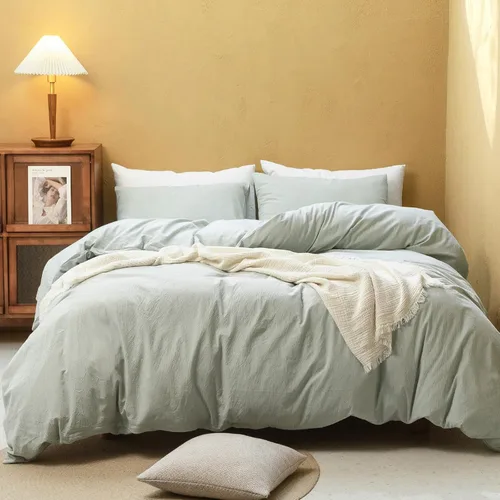 Vista 52 de FOSSA Juego de funda de edredón 100% algodón lavado, tacto súper suave, transpirable, acogedor, 3 piezas, juego de ropa de cama, color gris almendra
