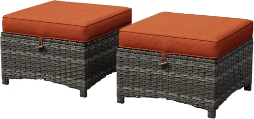 Vista 8 de Juego de 2 otomanas para patio, 22 x 22 x 18 pulgadas, reposapiés de mimbre para exteriores con cojín, beige, para jardín, patio trasero, cubierta
