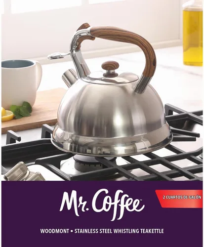 Vista 2 de Mr. Coffee Woodmont - Hervidor de té de acero inoxidable de 2 cuartos con mango de madera, hervidor silbante para estufa, tetera duradera de cocción