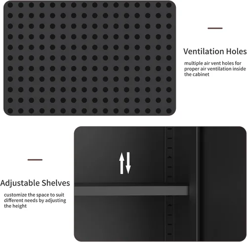 Vista 17 de Gabinete de almacenamiento de metal ancho negro, gabinete de acento de 2 puertas para el hogar y la oficina, gabinete de metal bajo de 2 niveles