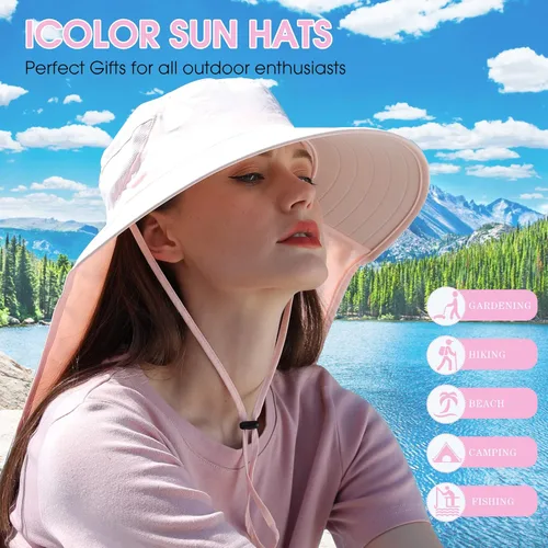 Vista 2 de icolor Sombrero solar para mujer con protección solar UPF 50+ de ala ancha, visera de protección solar UV con solapa de cuello de 12 pulgadas