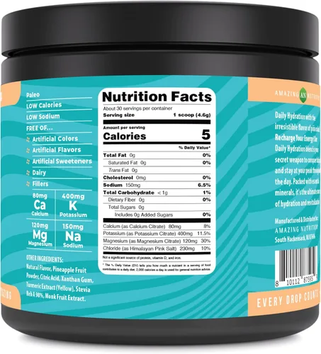 Vista 2 de Amazing Nutrition Hidratación diaria, polvo de electrolitos, 30 porciones, empaquetado con minerales esenciales, sin azúcar, apto para dieta