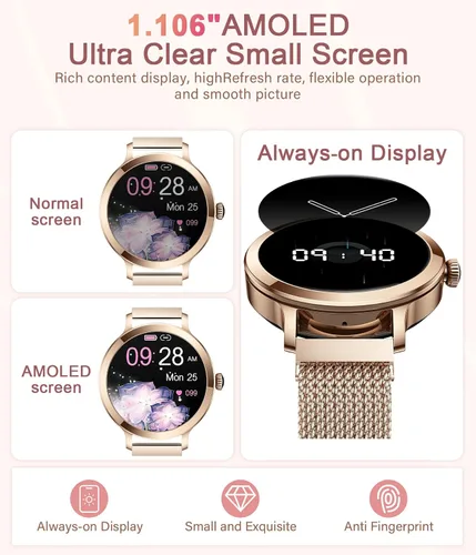 Vista 3 de Relojes inteligentes para mujer, 1.106 pulgadas AMOLED pequeña pantalla HD Smartwatch responder/hacer llamadas para teléfonos Android iOS, oro rosa