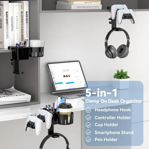 Vista 2 de KDD 5 in 1 Desk Controller Holder - Rotating Headphone Hanger with Cup Holder - Clamp On Desk Organizer Holds Controller, Headphone, Cup, Mobile