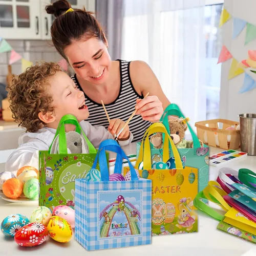 Vista 6 de 12 bolsas de regalo de Pascua, bolsas grandes reutilizables para cesta de Pascua, bolsas de regalo de Pascua no tejidas para envolver regalos, juego