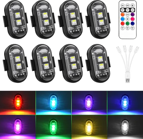 Vista 8 de Luces estroboscópicas RGB LED inalámbricas para aviones con control remoto, 8 colores, 10 modos de parpadeo, carga USB, luces anticolisión