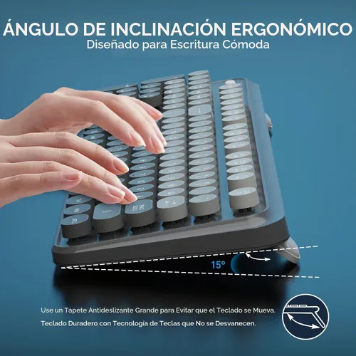 Vista 8 de Combo de teclado y mouse inalámbricos, 104 teclas redondas, lindo teclado y mouse inalámbricos coloridos con máquina de escribir retro, color negro