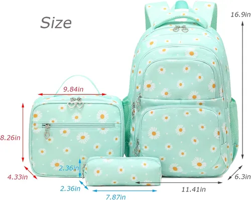 Vista 58 de goldwheat Mochilas impresas margaritas con paquete de almuerzo, estuche de lápices 3pcs, bolsa ligera resistente al agua para la escuela secundaria