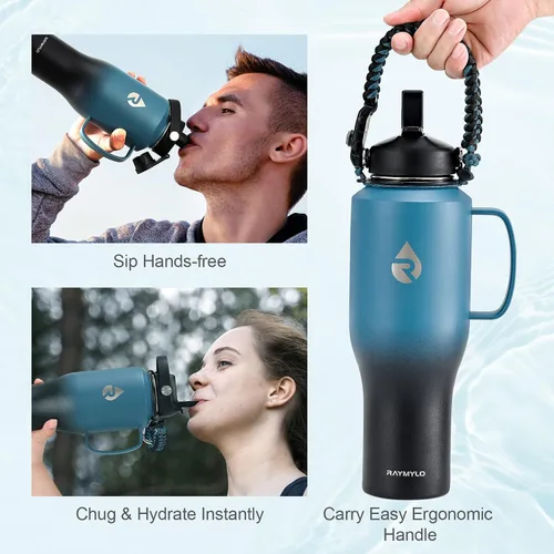 Vista 8 de RAYMYLO Botella de agua aislada de 128 onzas (índigo/negro) + botella de agua aislada para automóvil con asa de 40 onzas (índigo/negro)