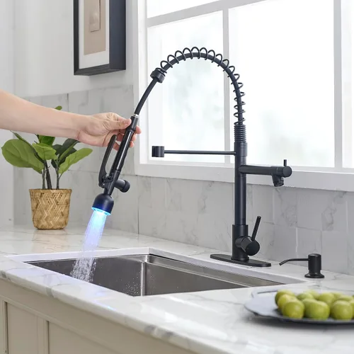 Vista 9 de Fapully - Grifos de cocina comerciales con rociador extraíble negro mate LED de una sola manija para fregadero de cocina, grifo de cocina