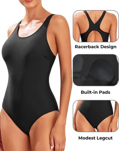 Vista 3 de Tempt Me Traje de baño deportivo de una pieza para mujer, traje de baño deportivo con espalda cruzada, cobertura completa, traje de baño modesto