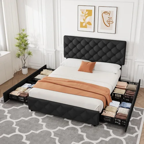 Vista 3 de IDEALHOUSE - Base de cama tamaño matrimonial con 4 cajones de almacenamiento y cabecera ajustable, camas con plataforma tapizada en lino, botones
