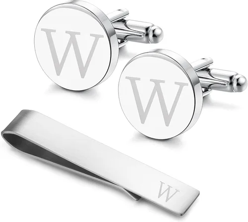 Vista 58 de LOYALLOOK - Gemelos de acero inoxidable grabados con inicial y clip de corbata, diseño de letras del alfabeto con caja de regalo, A-Z