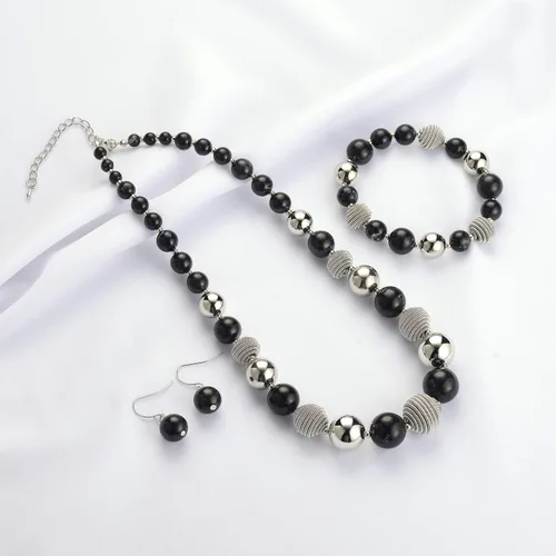 Vista 3 de PEARL&CLUB Juego de collar y aretes gruesos con cuentas de metal plateado, joyería de moda para el día de la madre para mujer, Resina Metal