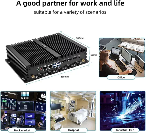 Vista 8 de PC sin ventilador, Mini PC industrial Core i7-8550U, Mini PC 8G DDR4 128G SSD, soporte de pantalla triple 4K@60Hz salida, HDMI, DP, EDP, Dual NIC