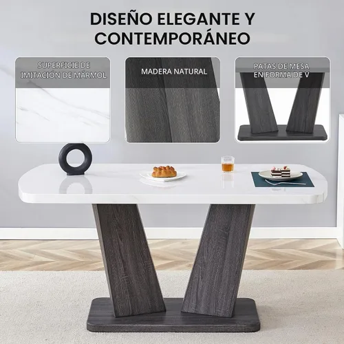 Vista 5 de Mesa de comedor de mármol, mesa de comedor moderna de 63 pulgadas, mesa de comedor blanca para 4-6, mesa de cocina de mármol blanco, mesa de comedor