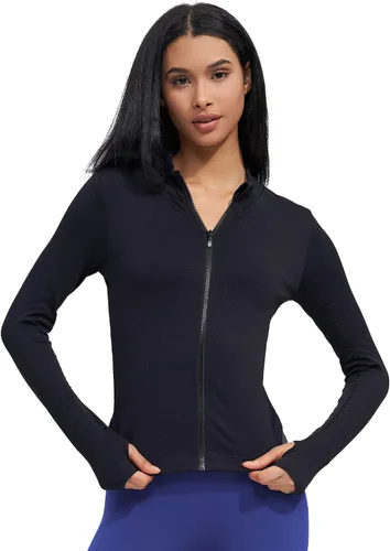 Vista 6 de Chaqueta deportiva de manga larga para mujer, con cremallera completa, para correr, entrenamiento, yoga, ropa deportiva con agujeros para el pulgar