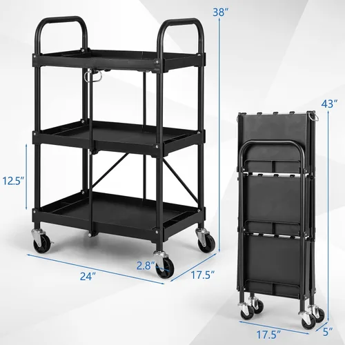 Vista 3 de Goplus Carrito plegable con ruedas, carrito de herramientas de 3 niveles con ruedas y compartimentos bloqueables, carrito de servicio de metal