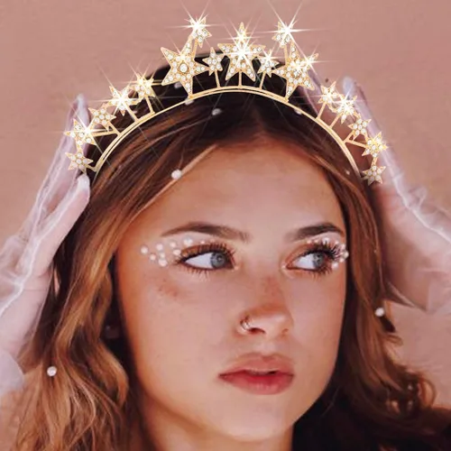 Vista 12 de CAKURE Diadema de corona con halo de estrella, diadema plateada con diamantes de imitación de diosa, accesorios para el cabello celestial para mujer