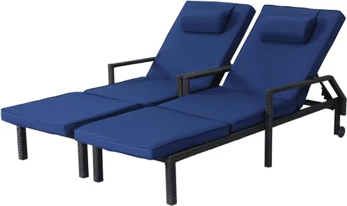 Vista 8 de Patio Chaise Lounge reclinable ajustable de ratán, azul claro, 1