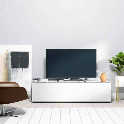Vista 13 de SONOROUS ST-160 - Soporte de TV premium con cubierta de vidrio negro y madera blanca, centro de entretenimiento de lujo y consola multimedia