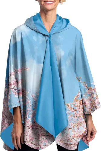 Vista 2 de RainCaper Cherry Blossoms Poncho de lluvia para mujer con capucha reversible Flores de cerezo