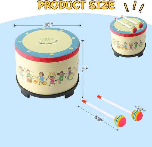 Vista 5 de Tambor Tom de piso de 8 pulgadas con 2 mazos y 2 pares de baquetas 5A de madera para regalo de cumpleaños infantil