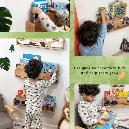 Vista 5 de 3 estantes flotantes, estante de pared para habitaciones de niños, estanterías de guardería de bosque, zorro de oso y mapache de 24 pulgadas