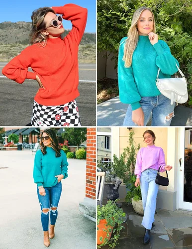 Vista 6 de ZESICA Women's 2023 Casual Turtleneck Long Lantern Sleeve Oversized Ribbed Knit Pullover Sweater Jumper Top