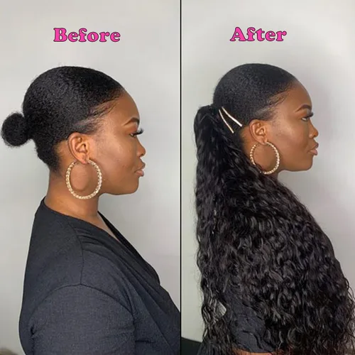 Vista 4 de Extensiones de cabello con ondas de agua para cola de caballo, trenzado humano, pegamento mágico Pony, extensiones de cabello humano brasileño