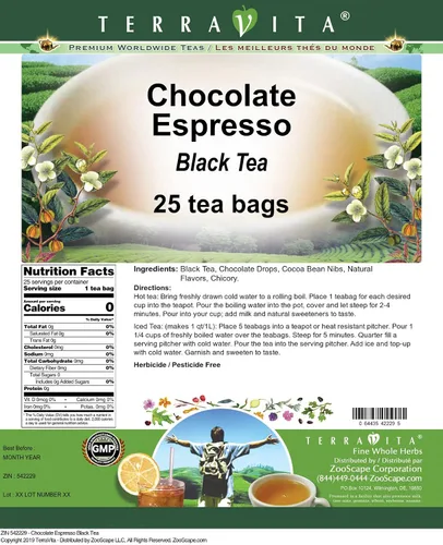 Vista 2 de Chocolate Espresso Té Negro (25 bolsitas de té, ZIN: 542229)