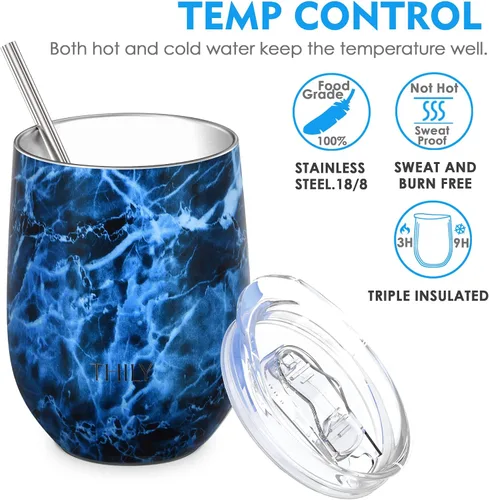 Vista 2 de THILY Vaso de vino aislado de acero inoxidable de 12 onzas, copa de vino sin tallo con tapa deslizante y popote de metal, taza de viaje que mantiene