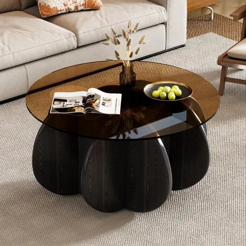 Vista 5 de Mesa de centro redonda de 31.5 pulgadas con parte superior de vidrio templado, mesa de cóctel moderna de mediados de siglo con base inspirada