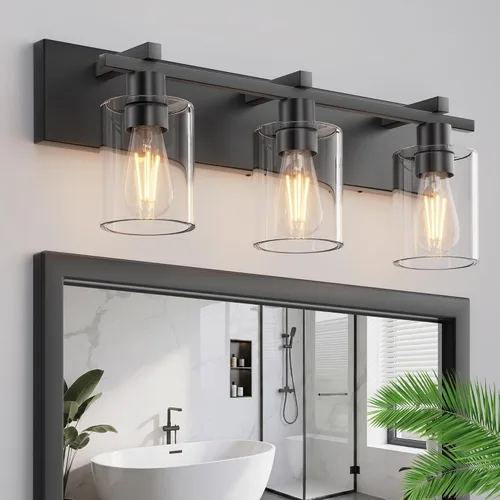 Vista 11 de Bathroom Light Fixtures Over Mirror, 2-Light Modern Matte Black Bathroom Vanity Light, Wall Lights with Clear Glass Shade, Living Room, Bedroom