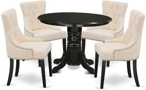 Vista 7 de East West Furniture SHFR3-BLK-02 Juego de mesa de comedor moderno de 3 piezas contiene una mesa de cocina redonda con pedestal y 2 sillas de comedor