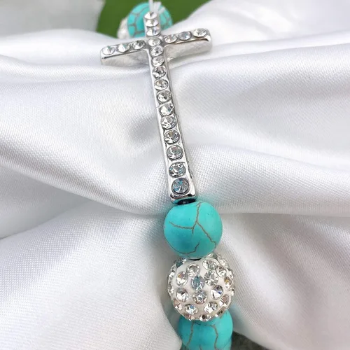 Vista 5 de Bocar Pulsera elástica de cuentas de cristal con cruz lateral chapada en metal