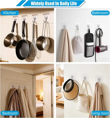 Vista 3 de Ganchos de pared de 33 libras (MÁX) autoadhesivos resistentes, 10 unidades, impermeables y a prueba de aceite, ganchos transparentes sin costuras
