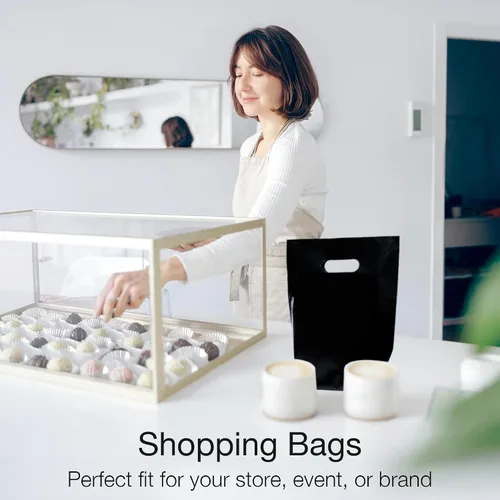 Vista 4 de Choice Marts Bolsas de mercancía 100 negras 9"x12" Tamaño 1.5Mil de grosor con asas Glossy Black Retail Bags. Convenient Carry Handles. Ideal For