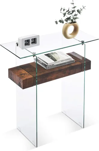 Vista 11 de ivinta Mesa consola de vidrio con almacenamiento, mesa de sofá moderna y estrecha de 31.5 pulgadas para espacios pequeños con estantes de madera