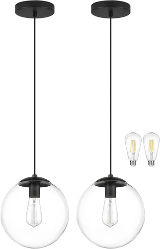 Vista 30 de KoKo&Yukina Luces colgantes modernas de globo de vidrio dorado de 6 pulgadas, paquete de 2 lámparas colgantes de vidrio transparente de mediados