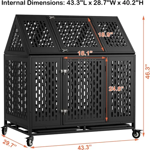 Vista 7 de Jaula de perro indestructible de 44 pulgadas, resistente a prueba de escapes, con 4 ruedas bloqueables y 2 bandejas, jaula de impacto para perros