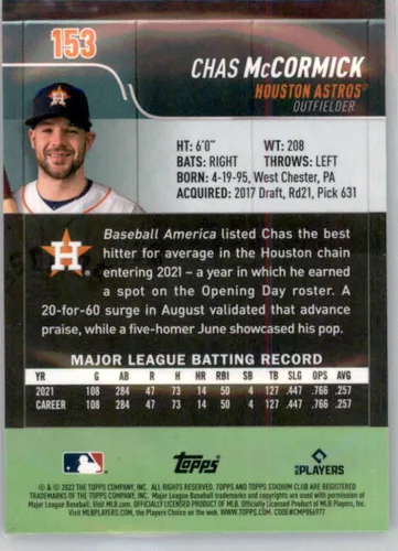 Vista 2 de 2022 Stadium Club Chrome #153 Chas McCormick RC Rookie Houston Astros MLB Baseball Trading Card