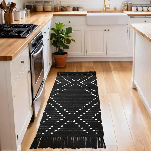 Vista 19 de LIVEBOX Alfombra de baño bohemia negra de 2x3 pies, alfombra de baño lavable, pequeñas alfombras tejidas de algodón, alfombra de área marroquí