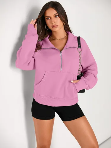 Vista 2 de AUTOMET Womens Sweatshirts Half Zip Cropped Pullover Fleece Quarter Zipper Hoodies Fall outfits Clothes Thumb Hole