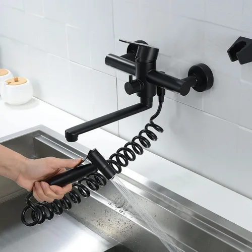 Vista 3 de Grifo de fregadero de cocina para montaje en pared, grifo comercial negro mate con rociador lateral, grifo mezclador de acero inoxidable, grifo