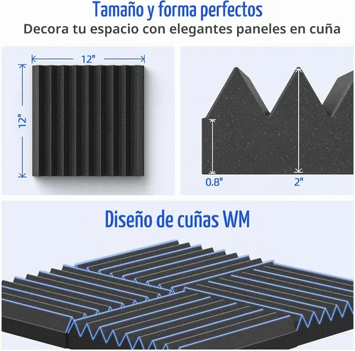 Vista 4 de Paquete de 36 paneles de espuma a prueba de sonido para pared con autoadhesivo, paneles acústicos de alta densidad de 2 x 12 x 12 pulgadas, absorben