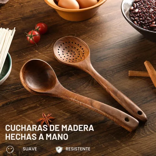 Vista 6 de Cucharas de madera para cocinar, juego de 7 piezas de utensilios de cocina de madera de teca natural, cuchara de madera, espátula, tenedor